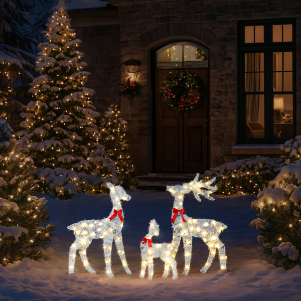 3-Piece Lighted Tinsel Christmas Reindeer Family Set Outdoor Decorations, Weather Proof Deer Family Set of 3 Christmas Ornament Home Decor Pre-lit 110 LED Warm White Lights, 2.4FT, White-23