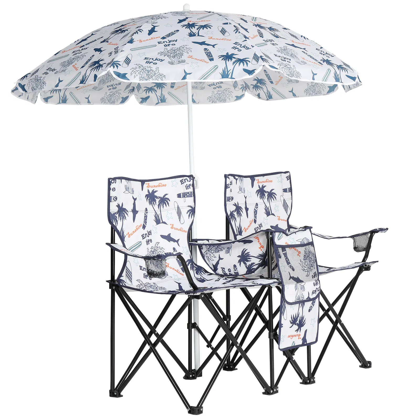 Portable Outdoor 2-Seat Folding Chair with Removable Sun Umbrella Coconut Tree image 11