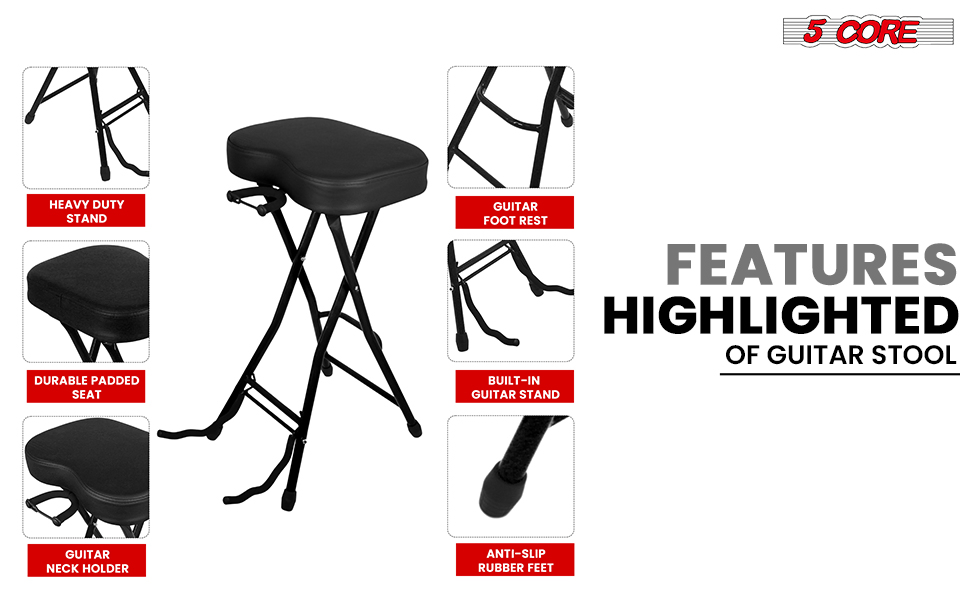 5Core Guitar Stool 3.15" Padded Chair Foldable Heavy Duty Music Seat Built in Foot Rest Guitar Stand image 12