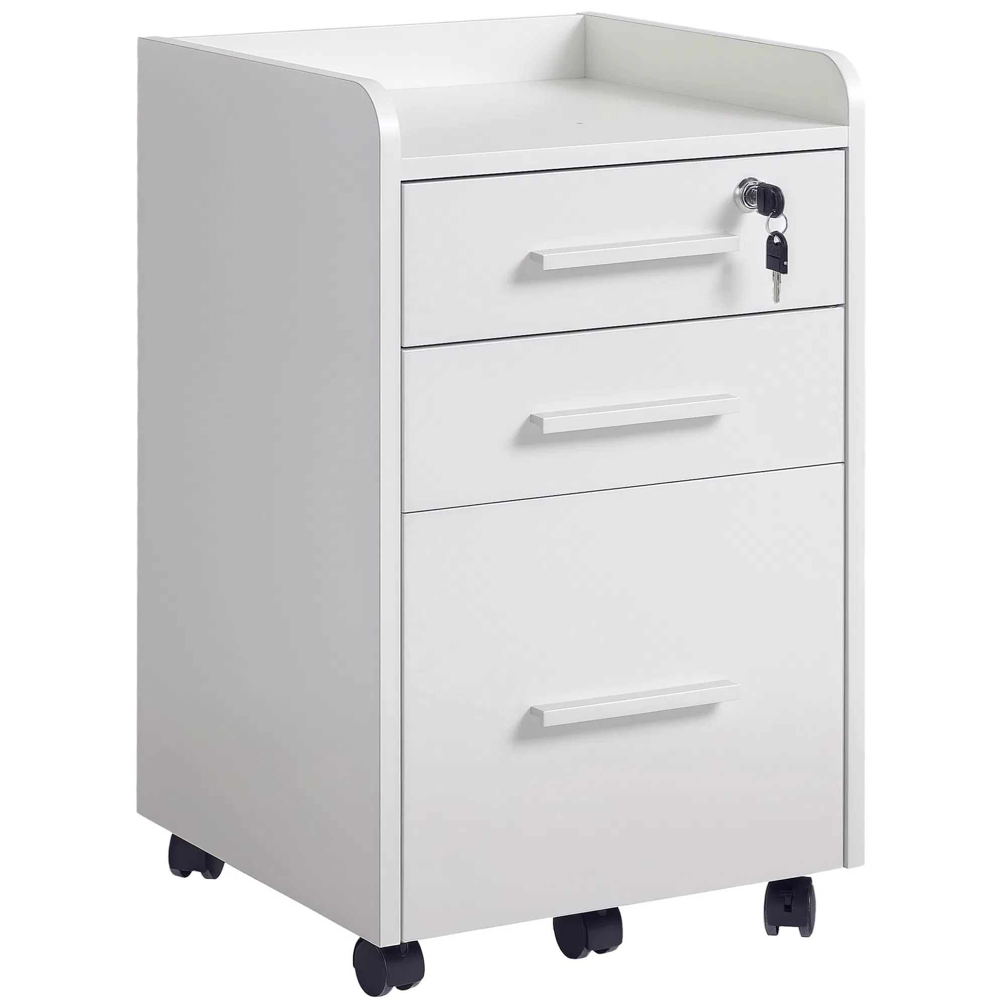 3 Drawer File Cabinet with Lock and Edged Top, Lockable Filing Cabinet on Wheels with Hanging Bars for Letter and A4 Size, White