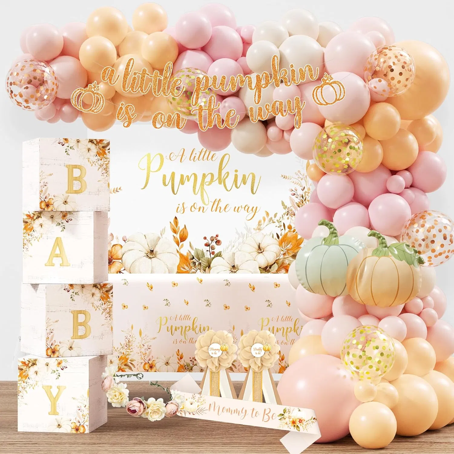 Little Pumpkin Shower Decorations Party Supplies for Girl, Rustic Fall Autumn Baby Shower Decoration, A Little Pumpkin is on The Way Backdrop Balloon Arch Baby Box Mom to Be Sash T