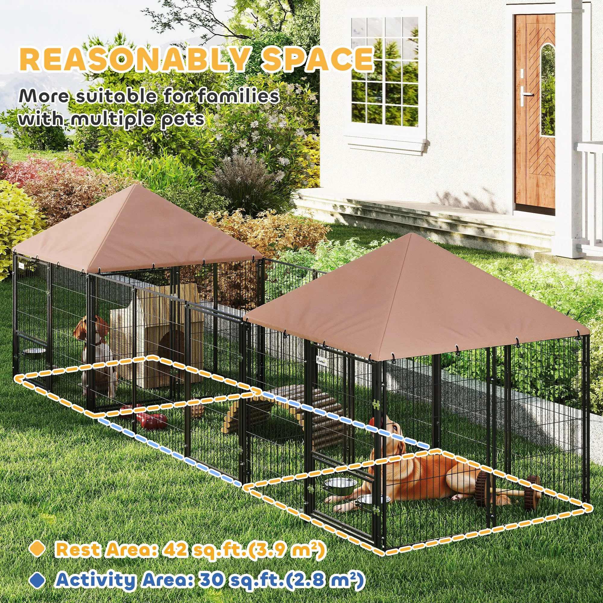 Outdoor Dog Kennel with 2 Rooms, Rotating & Adjustable Height Bowls, Waterproof UV-Resistant Cover, 16.2' x 4.7' x 5.1' — image 1