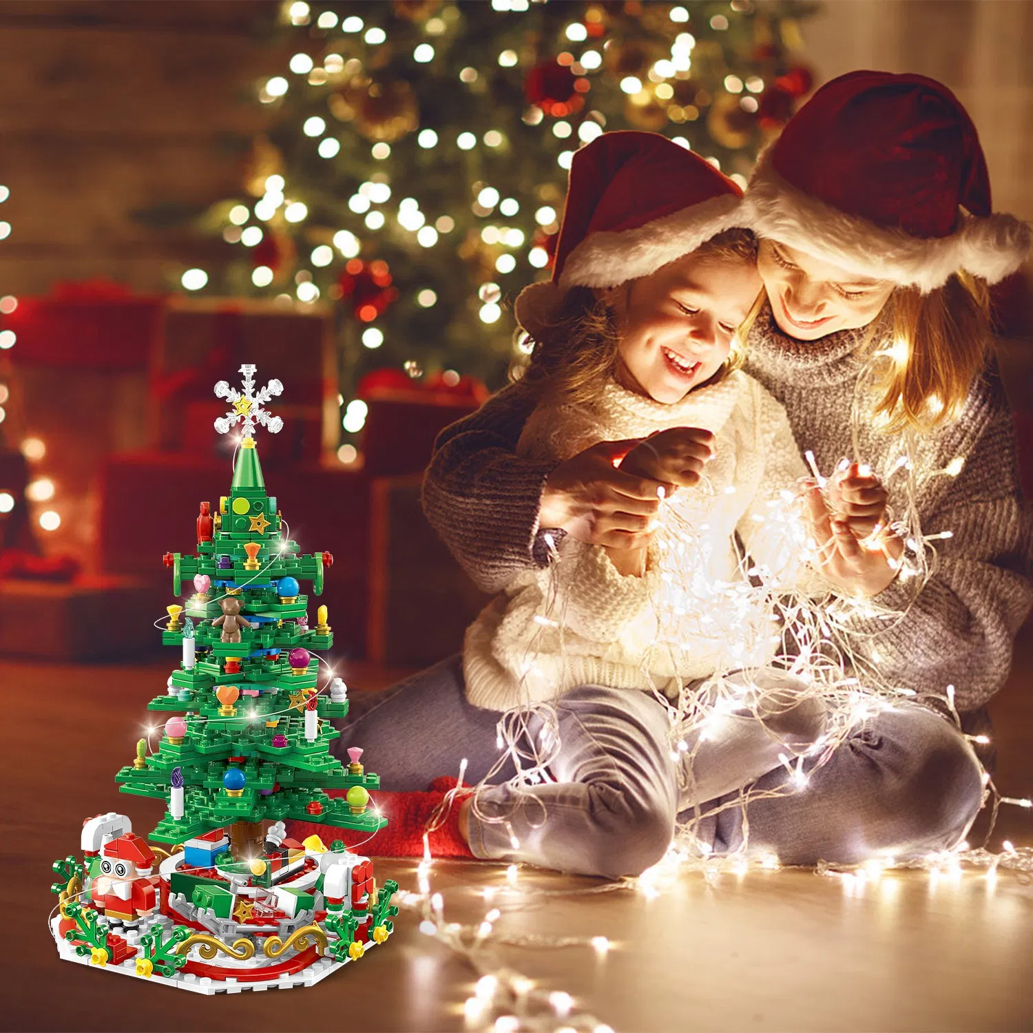 Christmas Tree Building Set - 701 Plastic Pieces, 24-Day Countdown Calendar, 30 USB LED Warm Lights - Santa, Ornaments, Snowflake Topper - Educational Toy for Kids 3-6, Festive Tabletop Decor