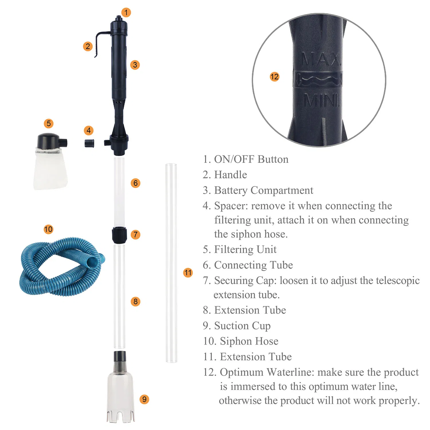 2-in-1 Aquarium Gravel Cleaner & Siphon Pump, Battery Powered Dirt/Fish Waste Remover, Adjustable Tubes for Small/Medium/Large Fish Tanks