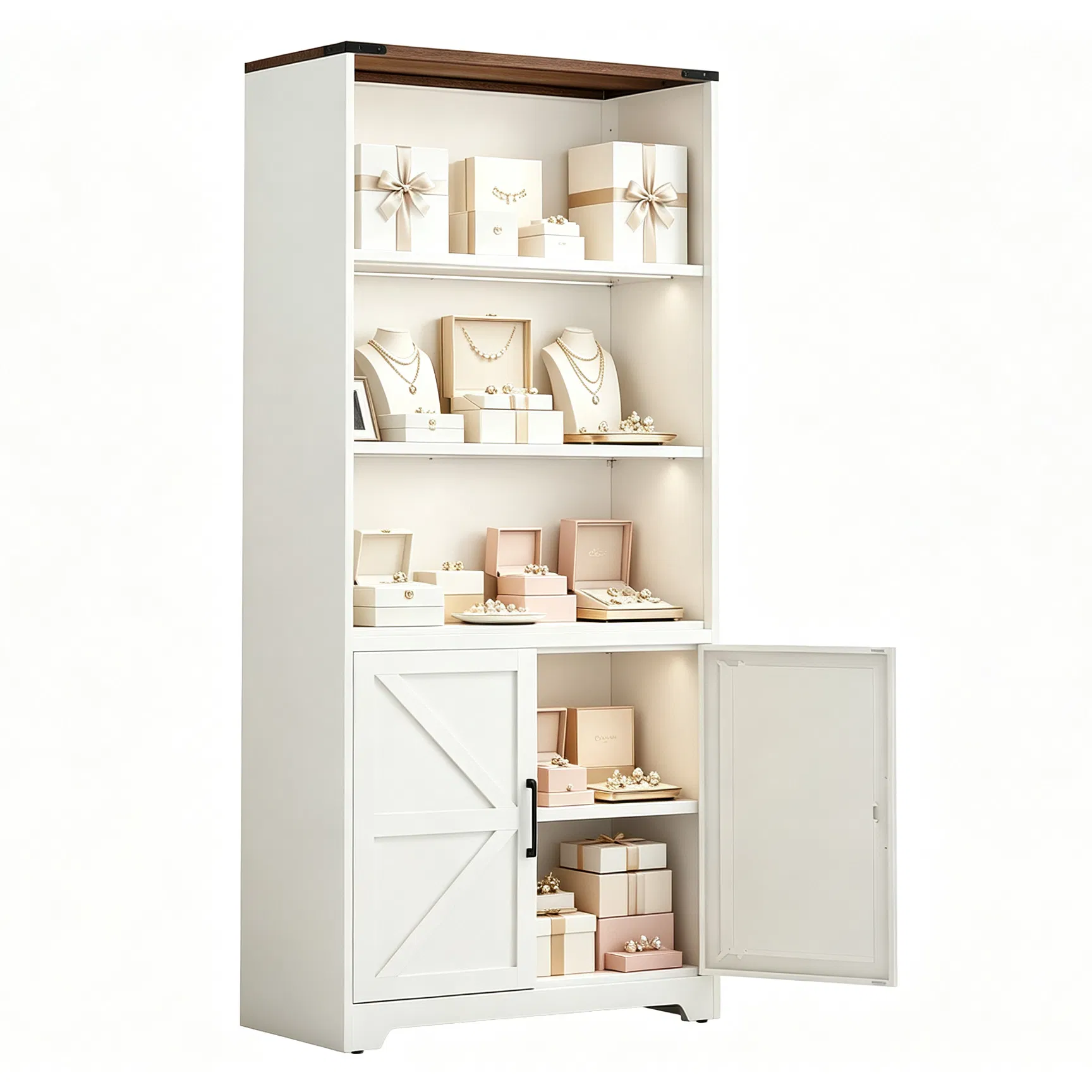 Barn door 3-tier steel display case, 69.7 31.5 15.4 inches, off-white with contrasting wood grain image 7