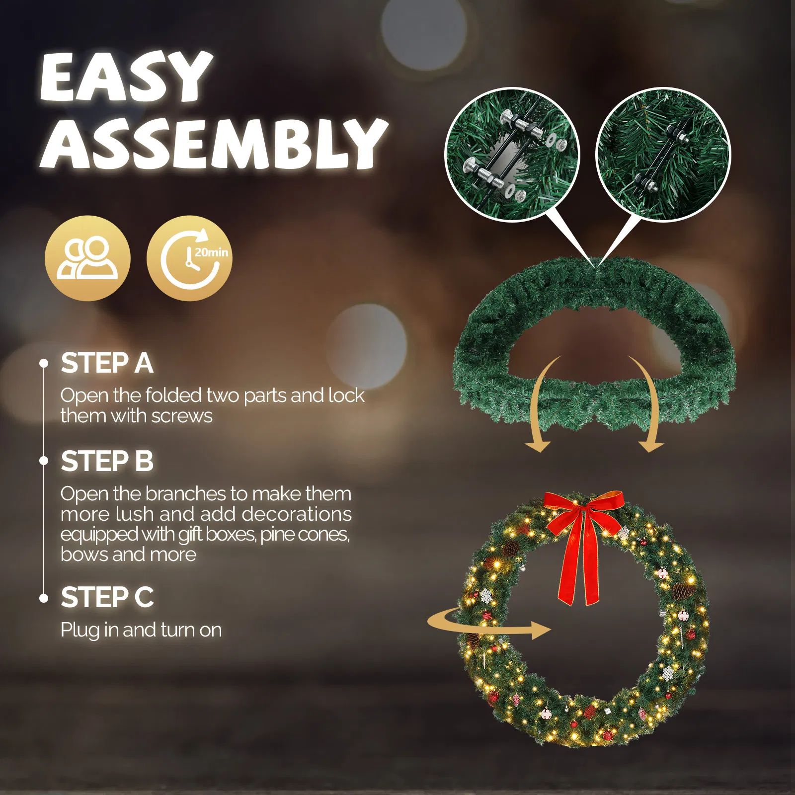48in 150 Lights 450 Branches PVC Bow Decoration Garland Garden Garland Decoration Green image 3