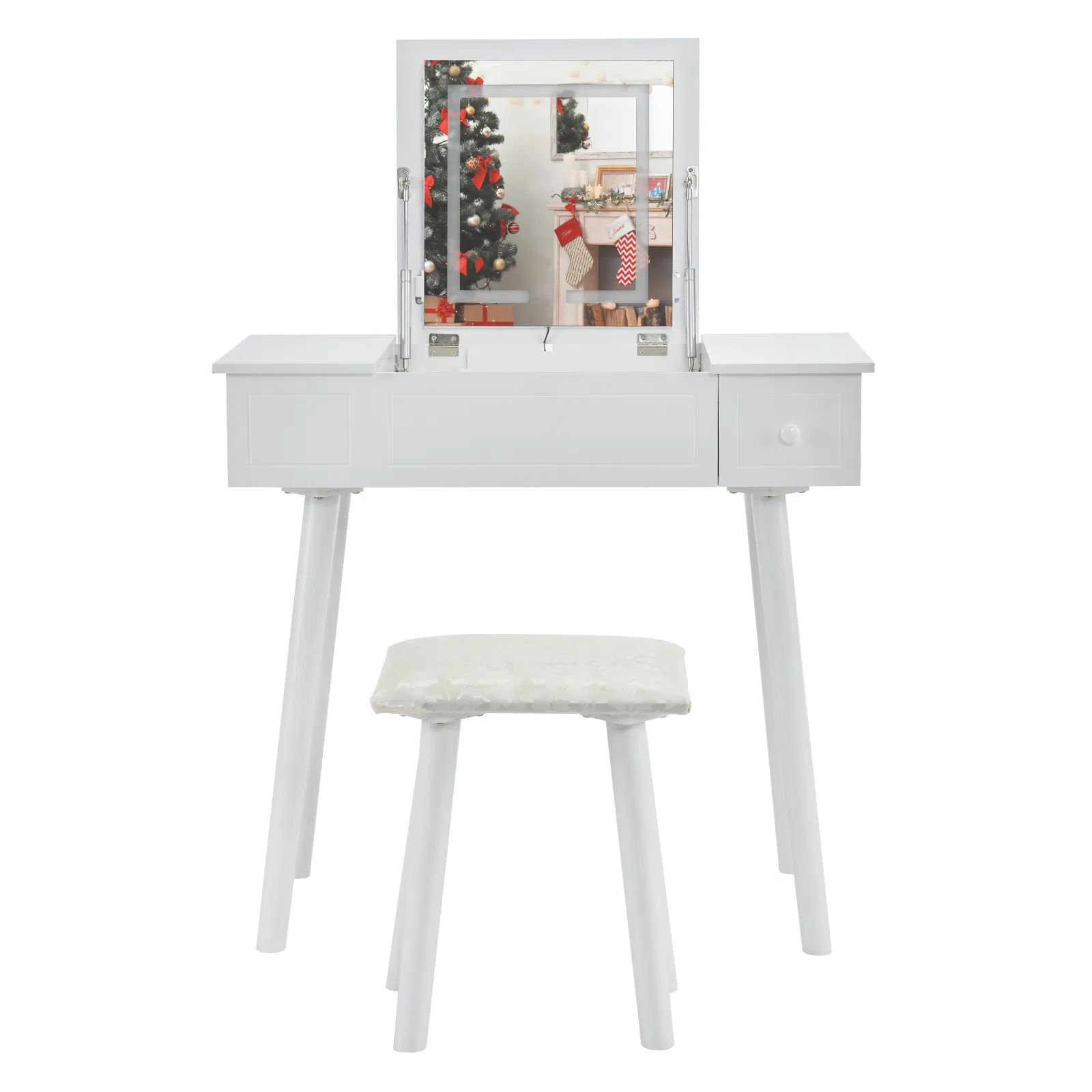 Vanity Table Set with LED Mirror, Flip Top Makeup Dressing Table Writing Desk with Cushioning Makeup Stool Set, 2 Drawers, White