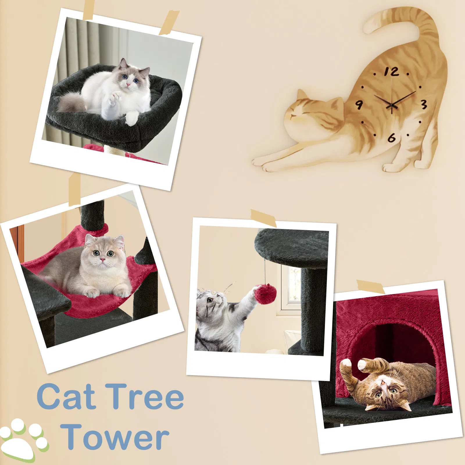 44 inch Cat Tree Tower, Multi-Cat Climbing Tower with, Natural Sisal Scratching Posts, Extended Platform, Hammock image 3