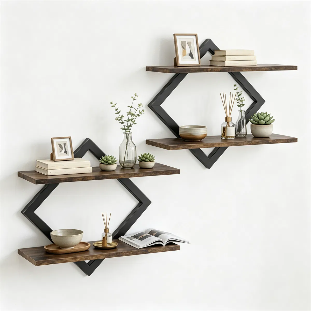 Black Rustic Brown 2Tier Floating Wall Shelves Set of 2, Diamond Metal Frame Wall Mounted Storage Shelves for Living Room Kitchen Bedroom Office Decor