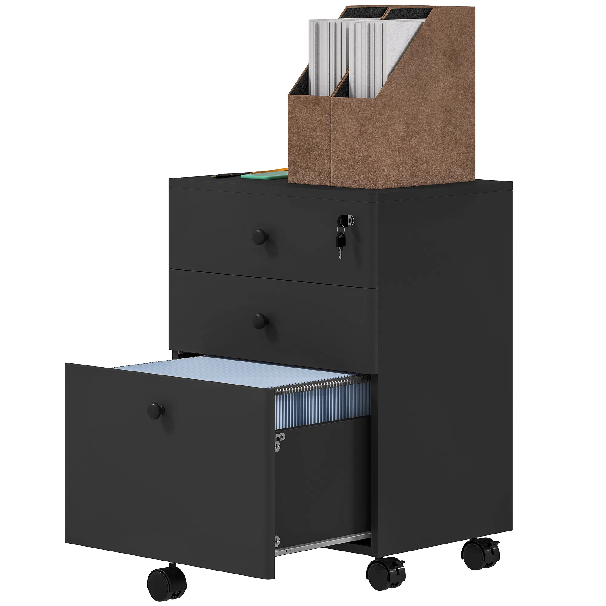 3-Drawer Small Filing Cabinet with Lock, Vertical Office Storage Cabinet with Wheels for Home Office, Black