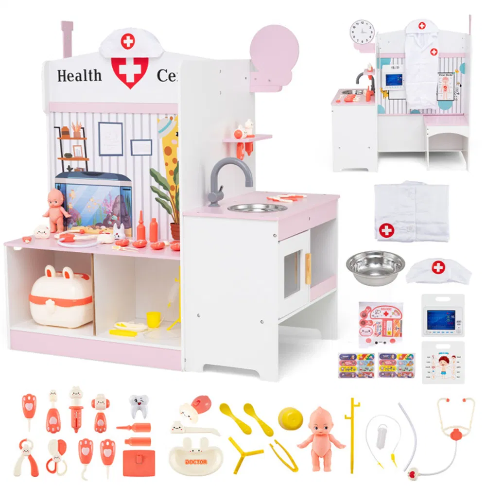 Wooden Kids Doctor Medical Station Playset, 93.98×54.61×99.06cm Medical Tools with Ecg Monitor for 3-6 Years, Pink+White