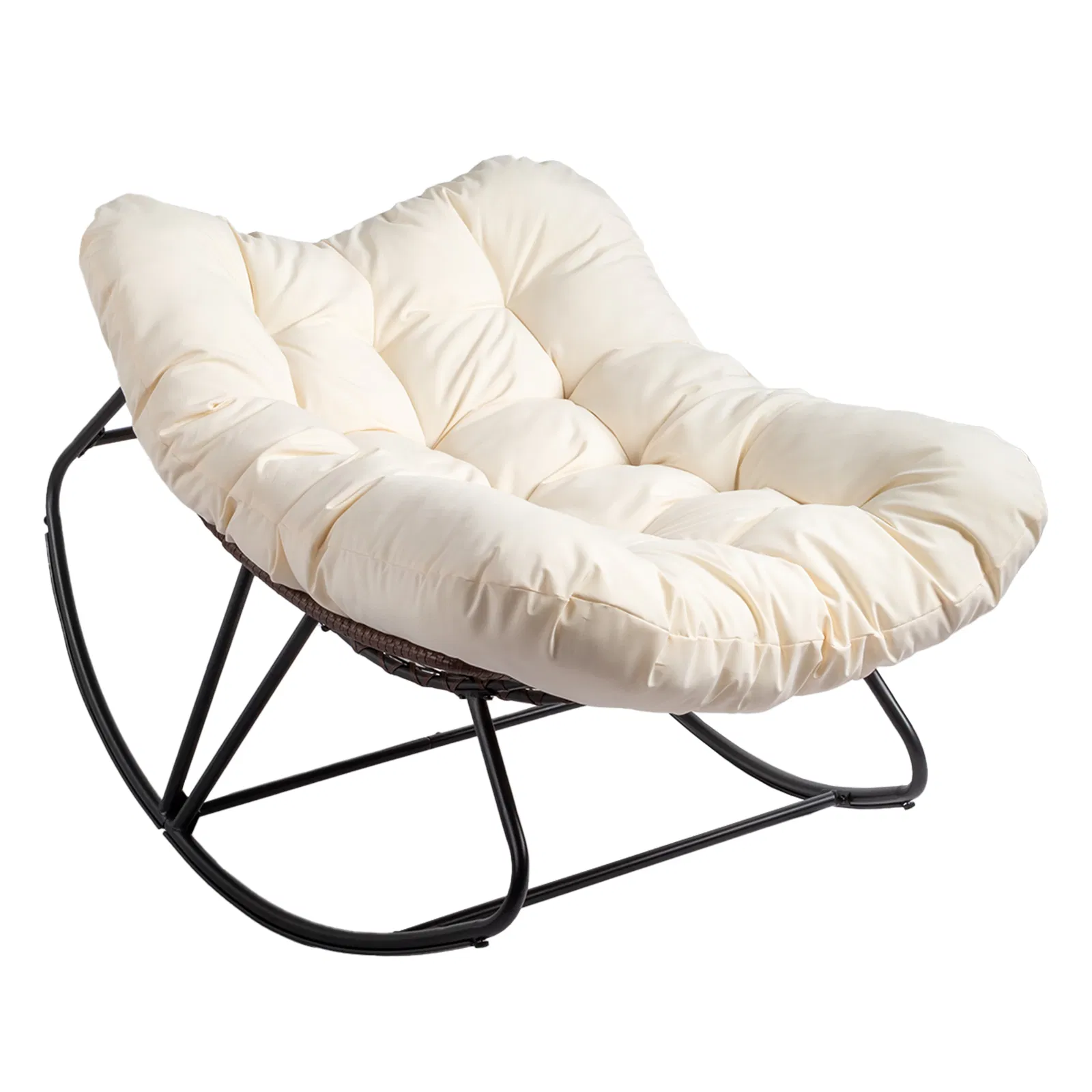 Oversized Rattan Papasan Chair, Outdoor Steel Wicker Rocking Seating with Thick Padded Cushion for Patio, Living Room, Backyard, Porch(Brown Wicker & Beige Cushion) image 3