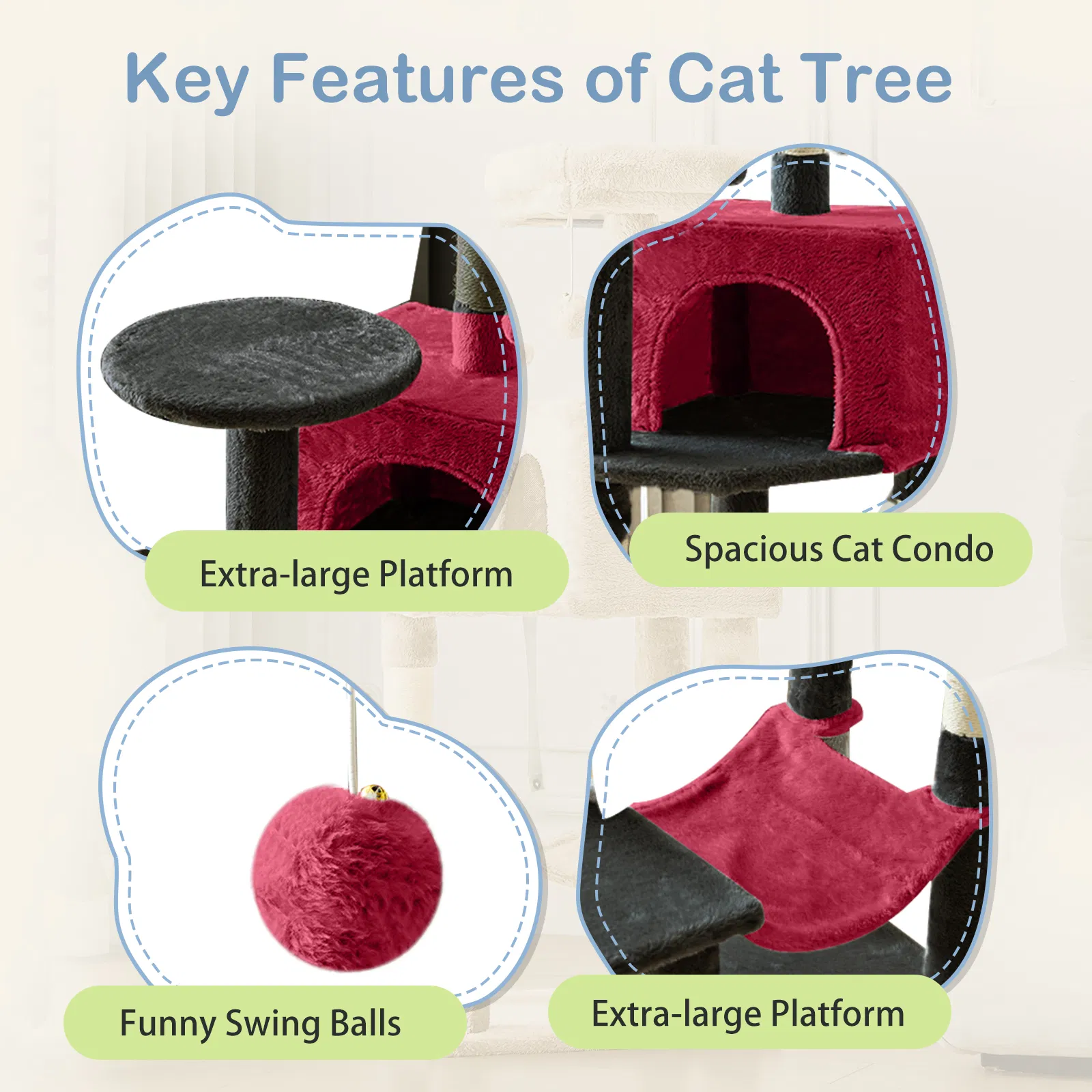 44 inch Cat Tree Tower, Multi-Cat Climbing Tower with, Natural Sisal Scratching Posts, Extended Platform, Hammock image 7