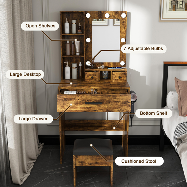 Vanity Table with Mirror & Adjustable LED Lights, Power Outlet, Hairdryer Holder & Stool – Compact Dressing Desk for Small Bedrooms(Vintage) -22