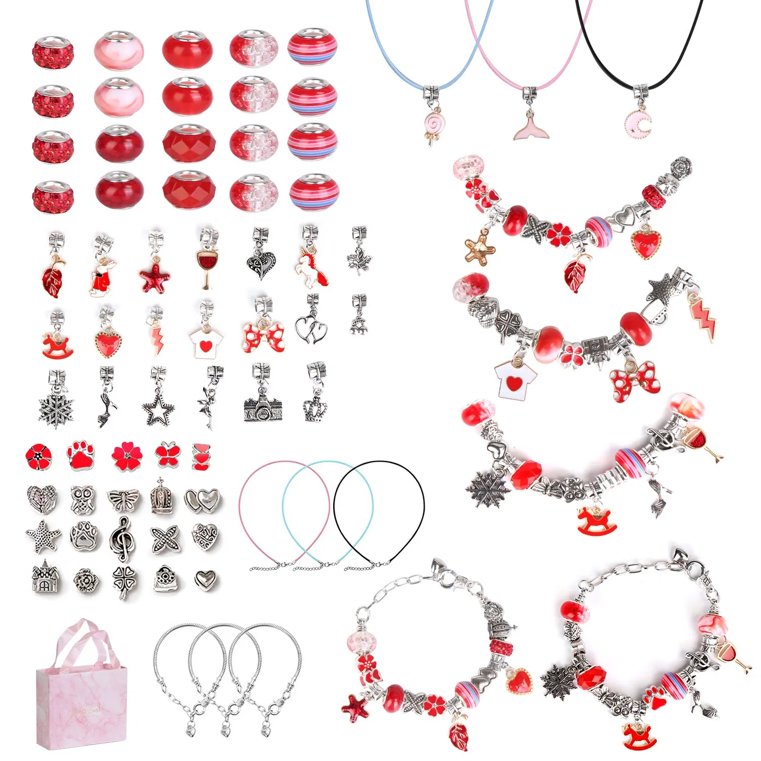 66Pcs Charm Bracelet Making Kit Kids' Jewelry Necklace Making Kits Colorful DIY Charm Beads Pendant Set Jewelry Decor Supplies with Gift Box for 5-12 Years Old Girls
