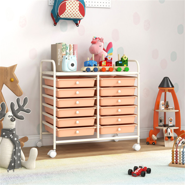 12-Drawer Rolling Storage Cart - 2-Row 10-Storey, Multicolor Drawers, 4 Wheels (2 Brake), White Frame-Peach-14