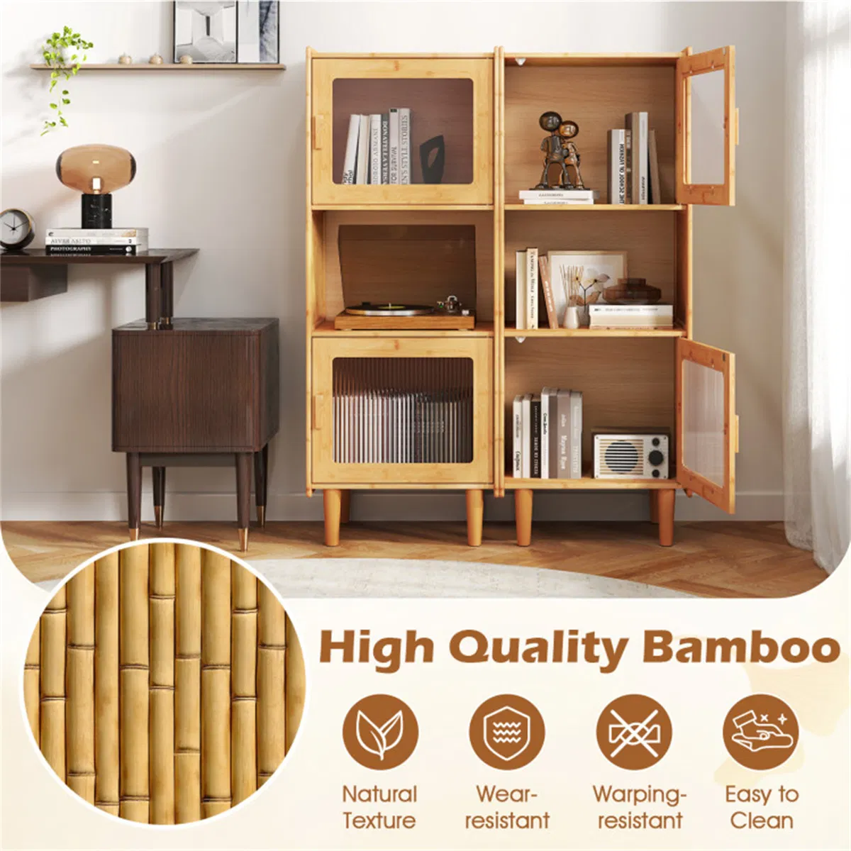Natural Bamboo 3-Cube Storage Cabinet, Acrylic See-Through Doors & Open Compartment