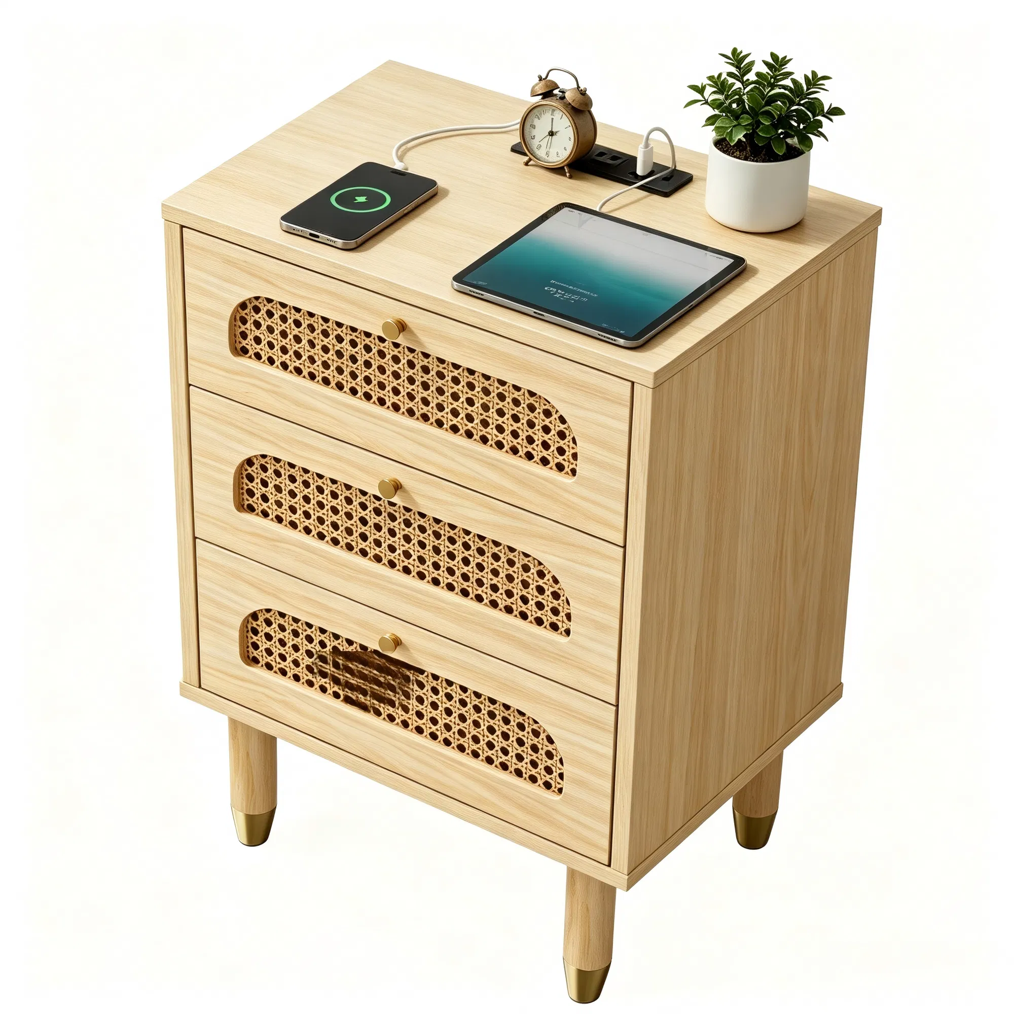 3-Drawer Nightstand with Rattan-Style Finish 15.75"*13.78"*23.82" with Power Outlet Oak image 4