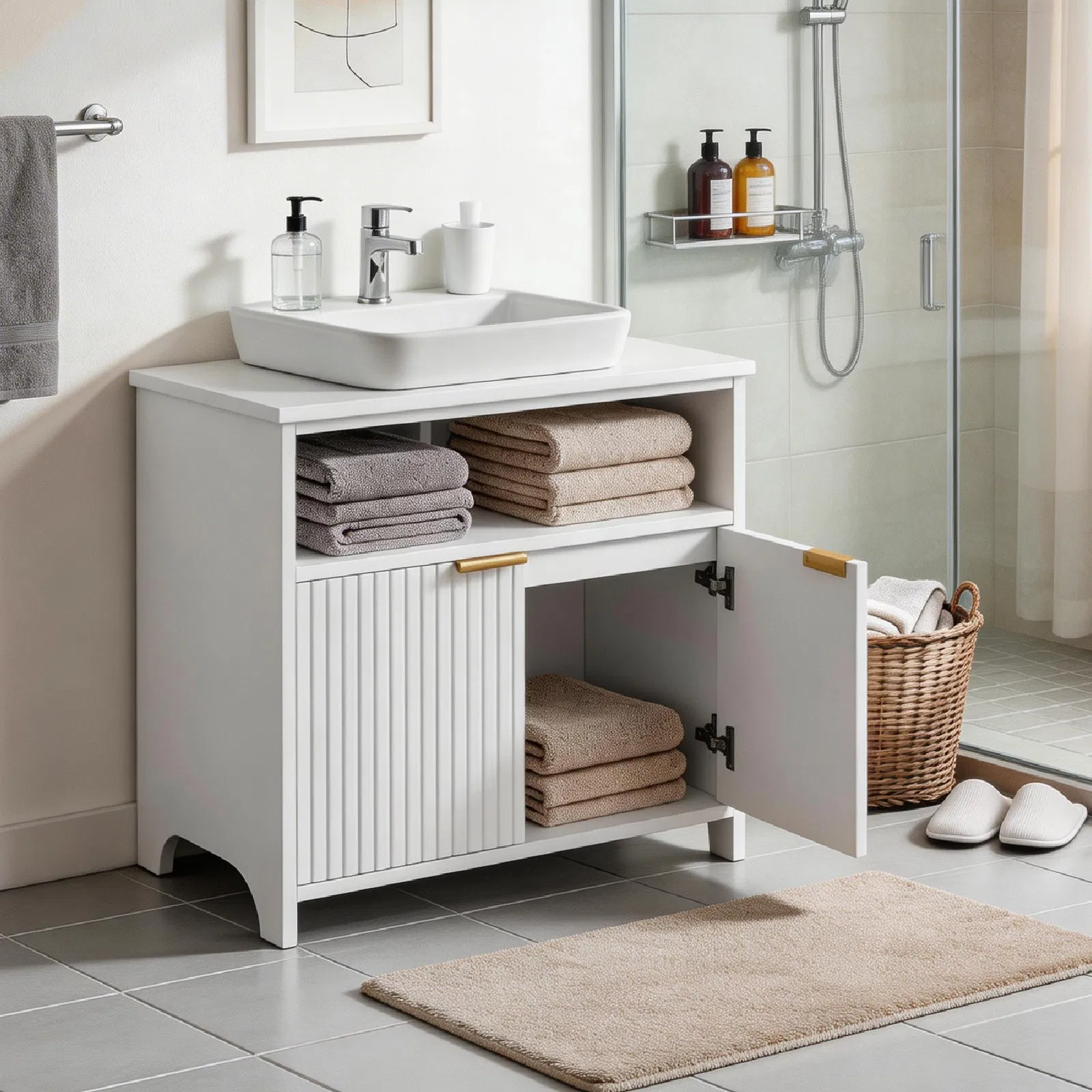 White particleboard with melamine veneer, grille thermoformed, two-door, one-shelf bathroom vanity unit… image 8