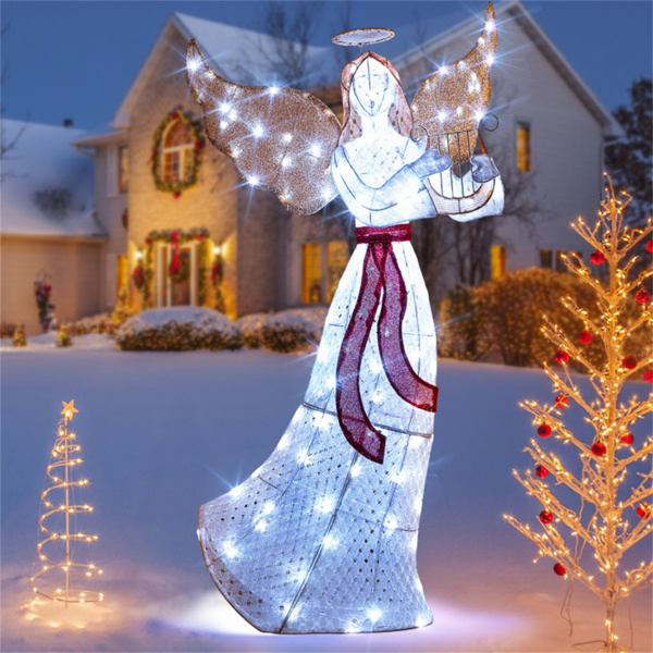 5ft Pre-Lit Christmas Angel Decor - 120 Cold White LEDs, IP44 Waterproof, Metal+Mesh Fabric-12