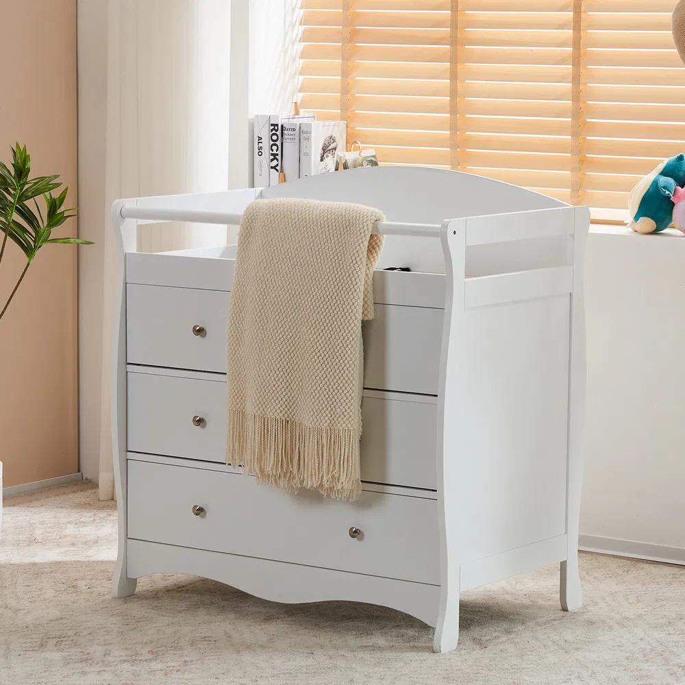 White 3-Tier Drawer Baby Cot with Safety Guard – 90.5x58x92cm | Wooden Baby Bed & Storage Combo image 21