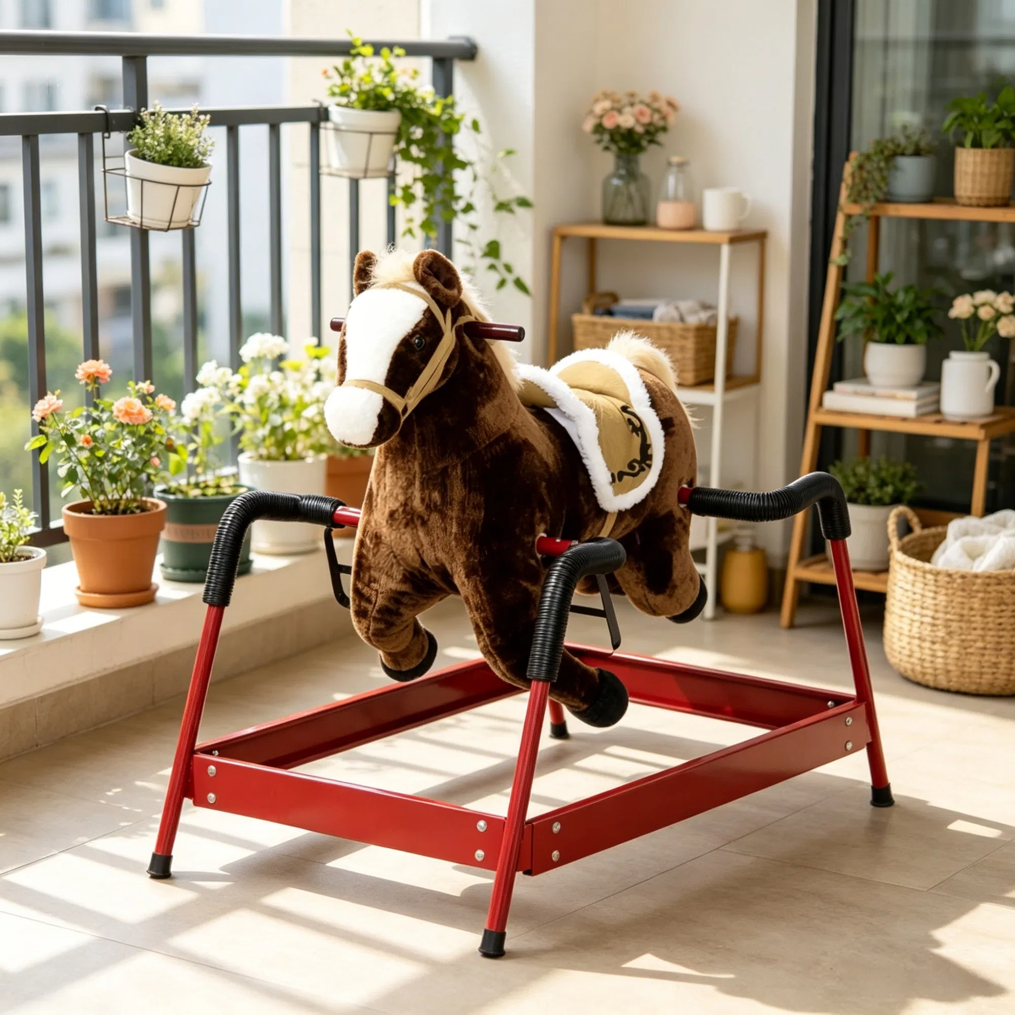 Dark Brown Interactive Kids Ride on Horse Spring Rocking Horse with Sounds, Plush Soft Feel Animal Ride-on Toy