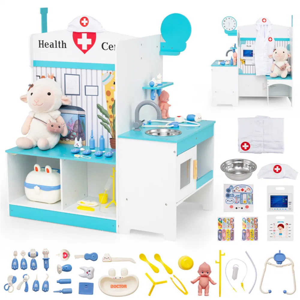 Wooden Kids Doctor Medical Station Playset, 93.98×54.61×99.06cm Medical Tools with Ecg Monitor for 3-6 Years, Blue + White