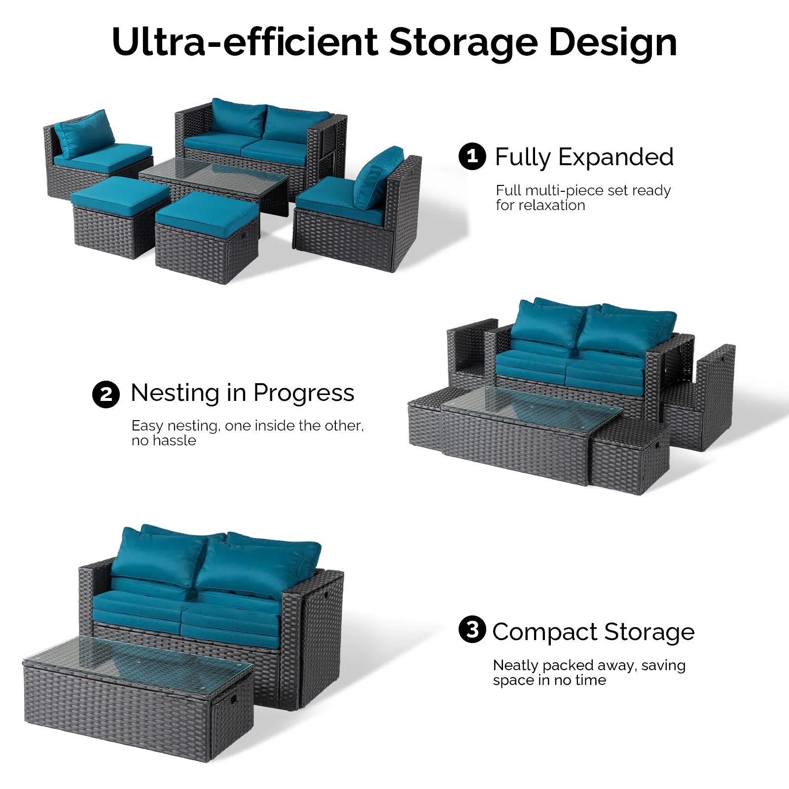 2pcs armless sofa + 2pcs footstool + 1pcs double sofa + 1pcs coffee table with storage black rattan and peacock green cushions, rattan multi-piece set image 2
