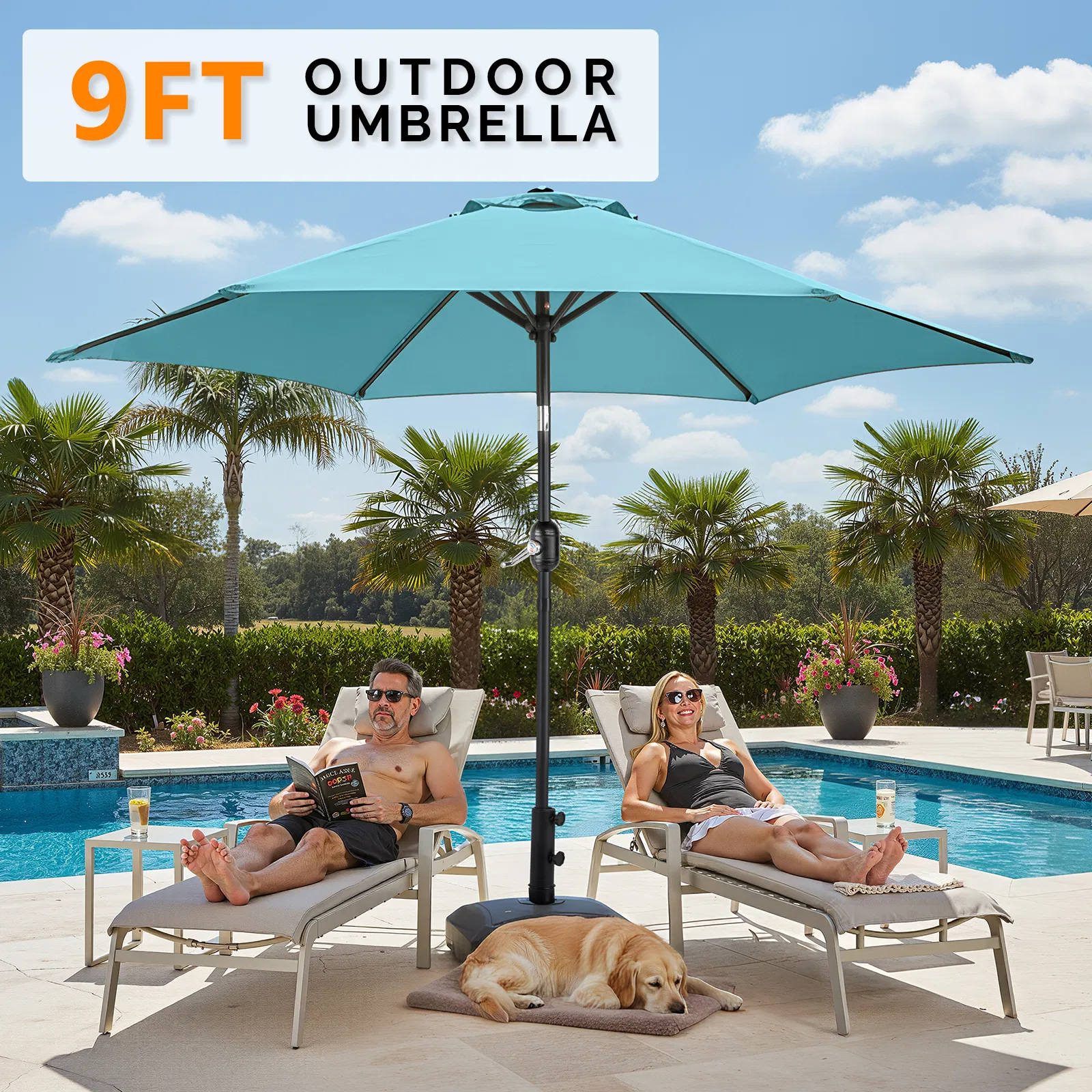9ft Patio Umbrella, Outdoor Market Umbrella with Push Button Tilt, Crank Handle, 6 Sturdy Iron Ribs, UPF 50+ Waterproof Polyester Canopy, KD Design for Garden, Deck, Backyard, Poolside, Sky Blue image 17