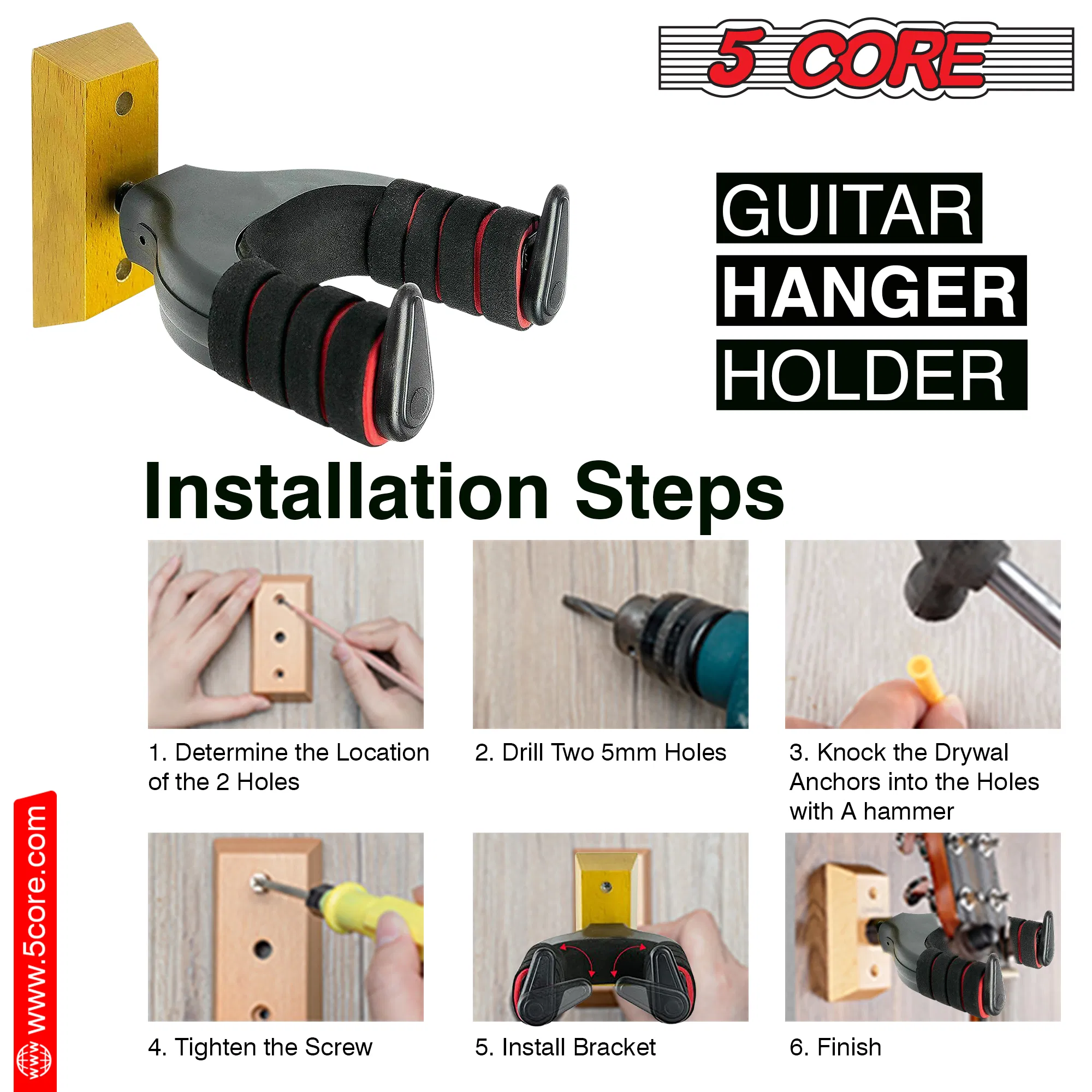 5Core Guitar Wall Mount Hanger Hook Metal Base Soft Padding Adjustable Rotatable Holder image 11