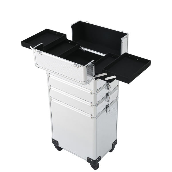 4-in-1 Draw-bar Style Interchangeable Aluminum Rolling Makeup Case Silver-22