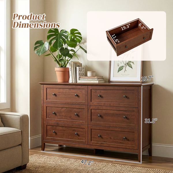 Brown (1061 Solid Cherry Wood) P2 Particleboard + MDF, Melamine finish, 120*40*80cm, Framed construction, Double row of six drawers with double handles, Drawer cabinet-20