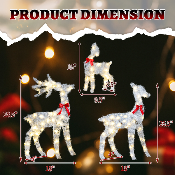 3-Piece Lighted Tinsel Christmas Reindeer Family Set Outdoor Decorations, Weather Proof Deer Family Set of 3 Christmas Ornament Home Decor Pre-lit 110 LED Warm White Lights, 2.4FT, White-22