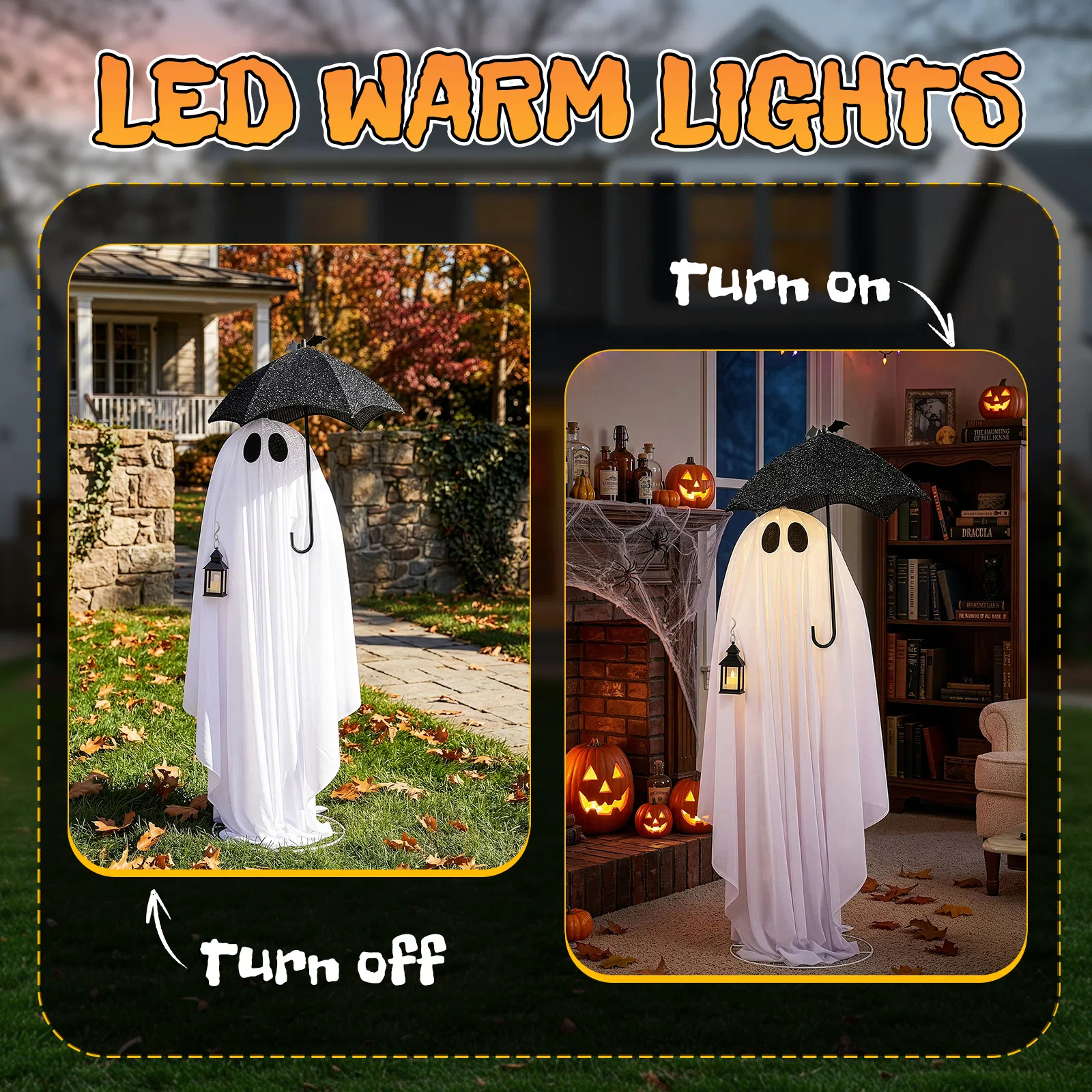 5ft Black & White Umbrella Ghost Halloween Decoration with 100 Warm White LED Wire Lights, 30V 3.6W… image 10