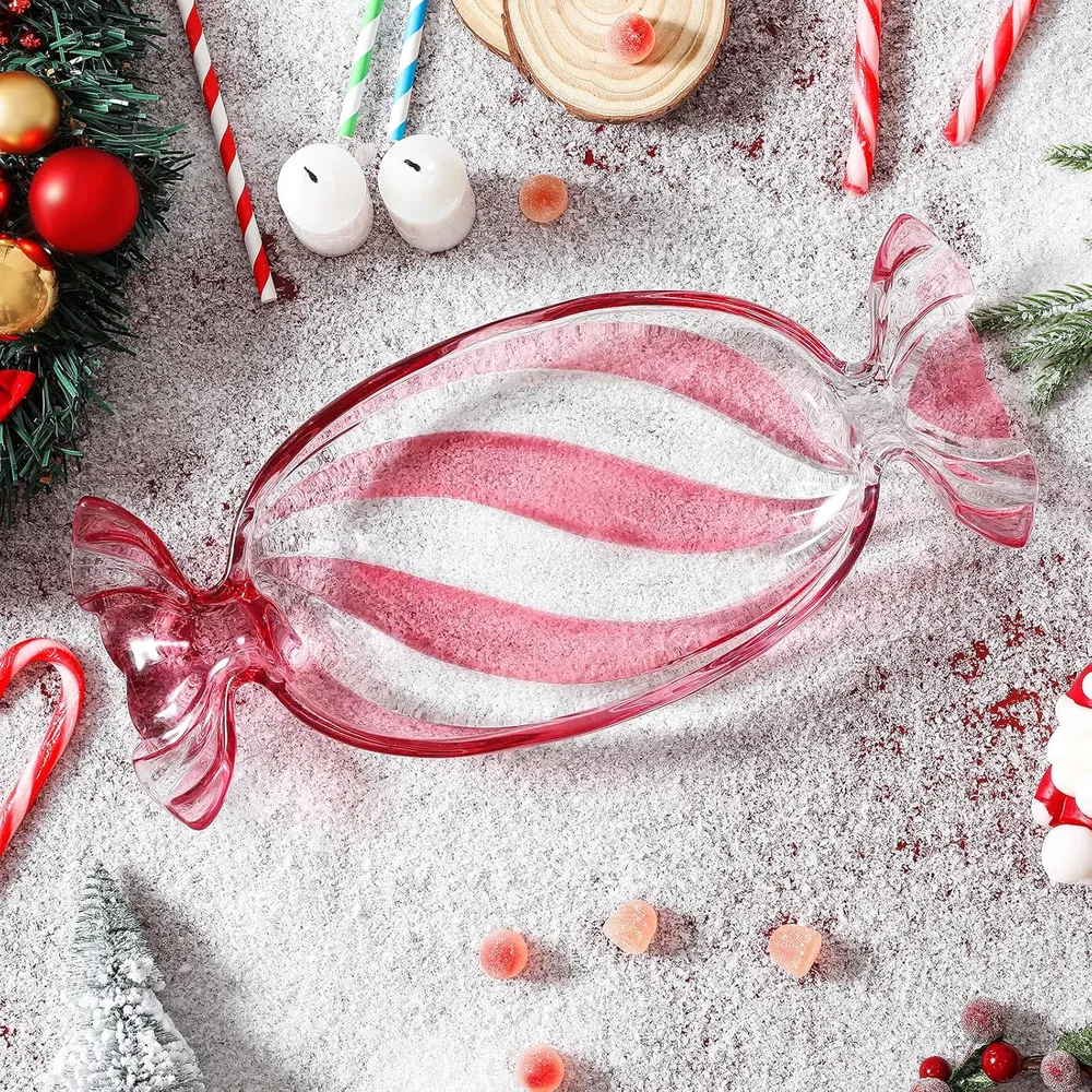 Christmas Candy Glass Plate, Christmas Theme Serving Tray for Holiday Desserts, Cookies & Candy Display, Festive Party Bowl, Red XMAS Decorations Small 9.2x4.3 Inch image 13