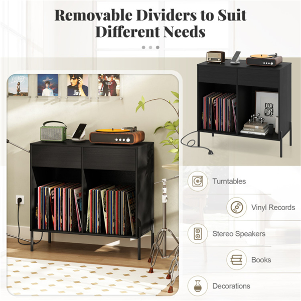 Record Player Storage Stand - Customizable Vinyl Compartments, Built-in Charging Station, Metal Legs & Floor-Protecting Pads-16