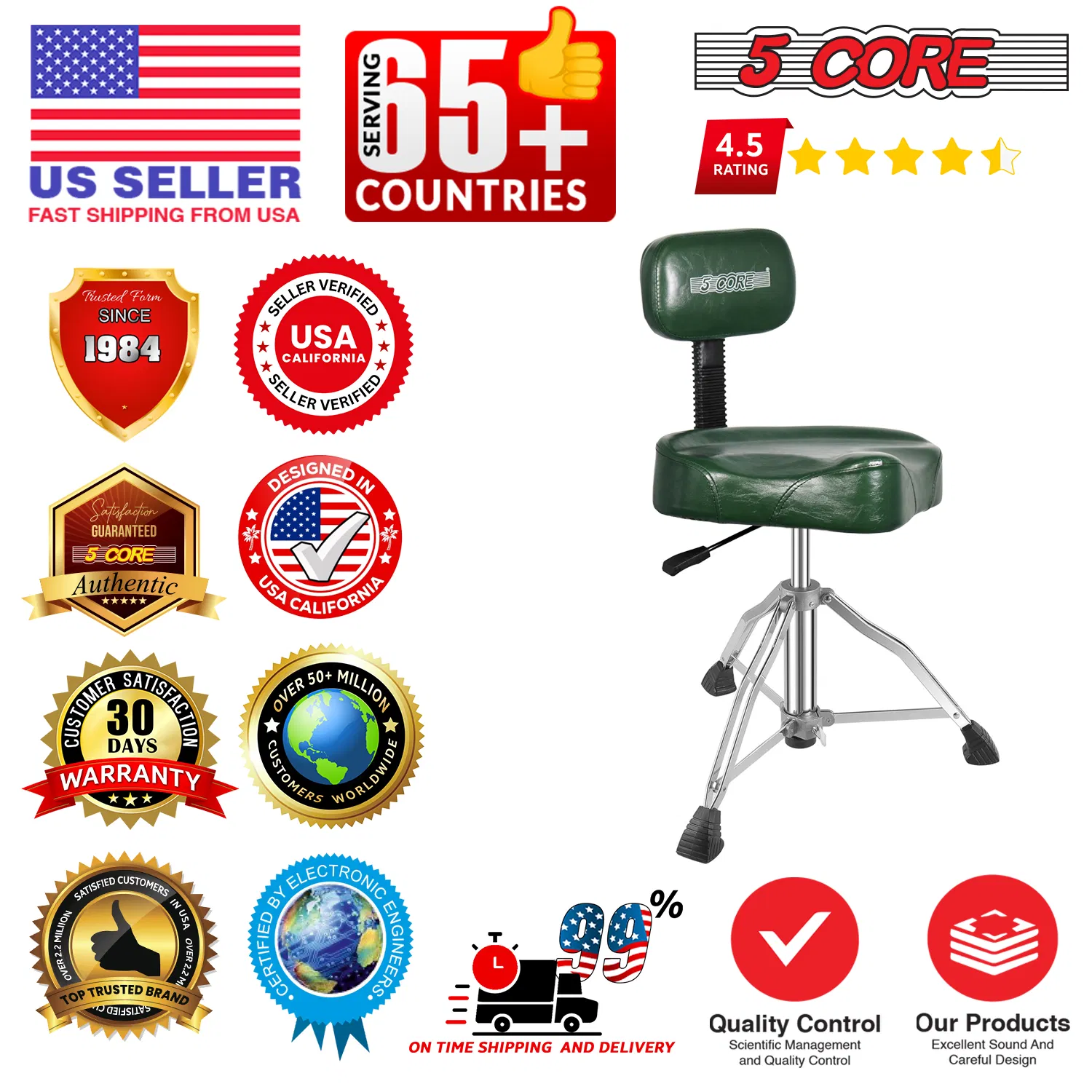 5Core Drum Throne 4" Cushion Padded Stool w Backrest Airlift Height Adjustable Chair w 441Lb Capcity image 13