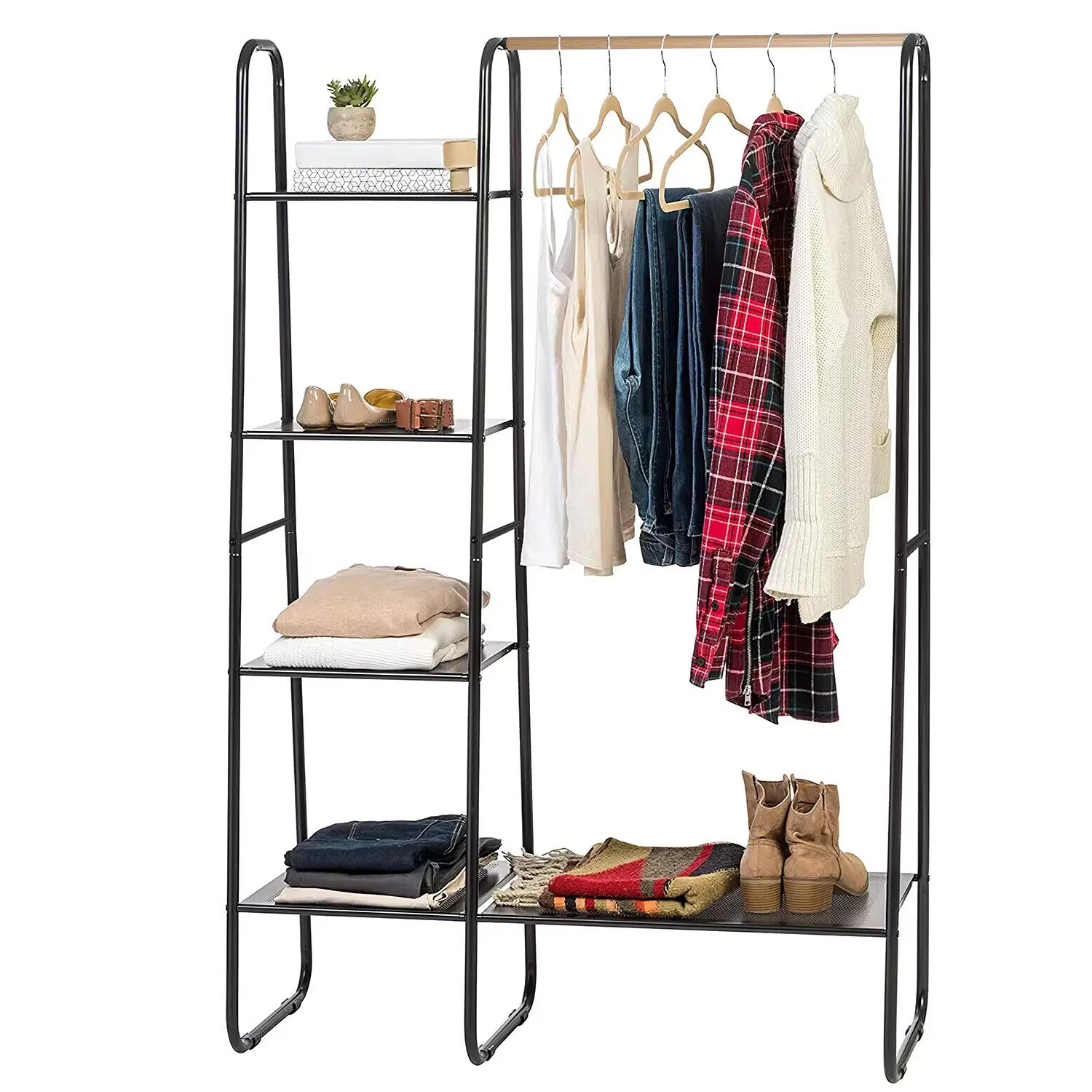 Metal Garment Hanging Rack Shoe Clothing Organizer Shelves Freestanding Clothing Hanging Rail Clothes Wardrobe Shoe Display Organizer with 1 Hanging Rod 5 Mesh Shelves