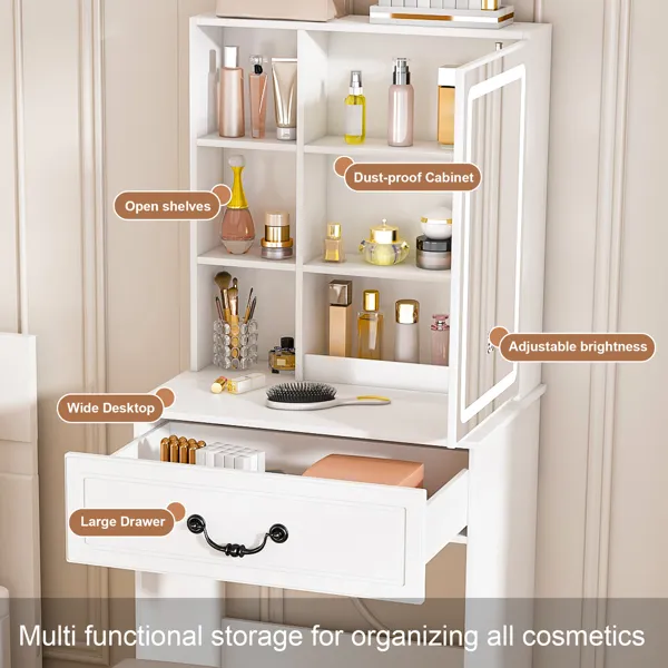 Modern Mini Dressing Table with LED-lit Mirror & Hidden Storage,Includes Padded Stool,Adjustable…