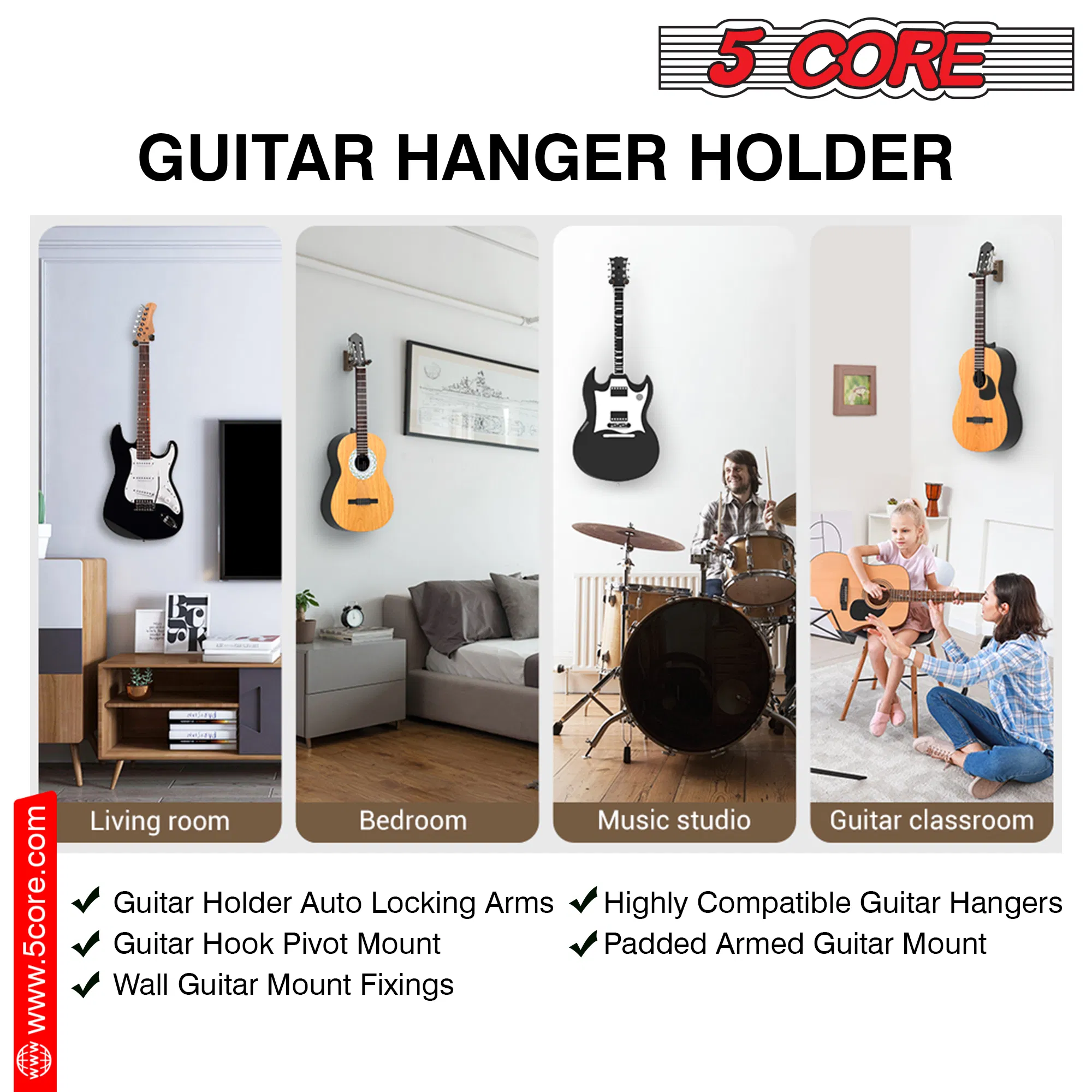 5Core Guitar Wall Mount Hanger Hook Metal Base Soft Padding Adjustable Rotatable Holder image 4