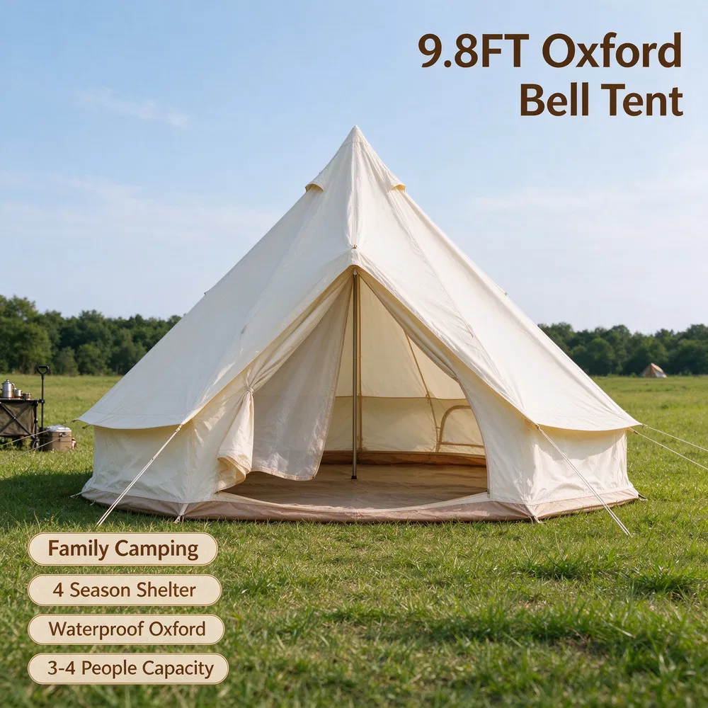 9.8FT 13.1FT Dual Size Options Bell Tent Waterproof Oxford Glamping Tent with Stove Jack, 4 Season Family Camping Yurt Tent OLFC0001