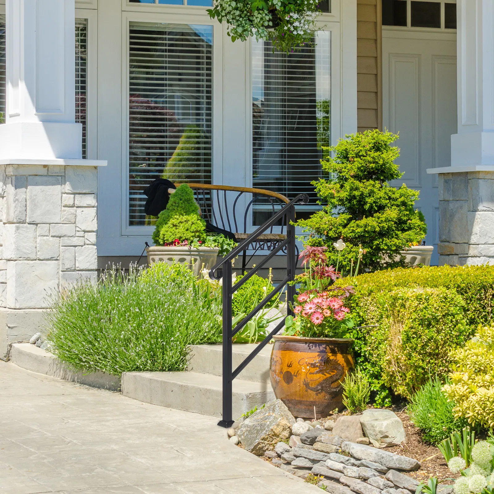 Handrails for Outdoor Steps, Wrought Iron Handrail Fits 1 or 3 Steps, Transitional Handrail with… image 8