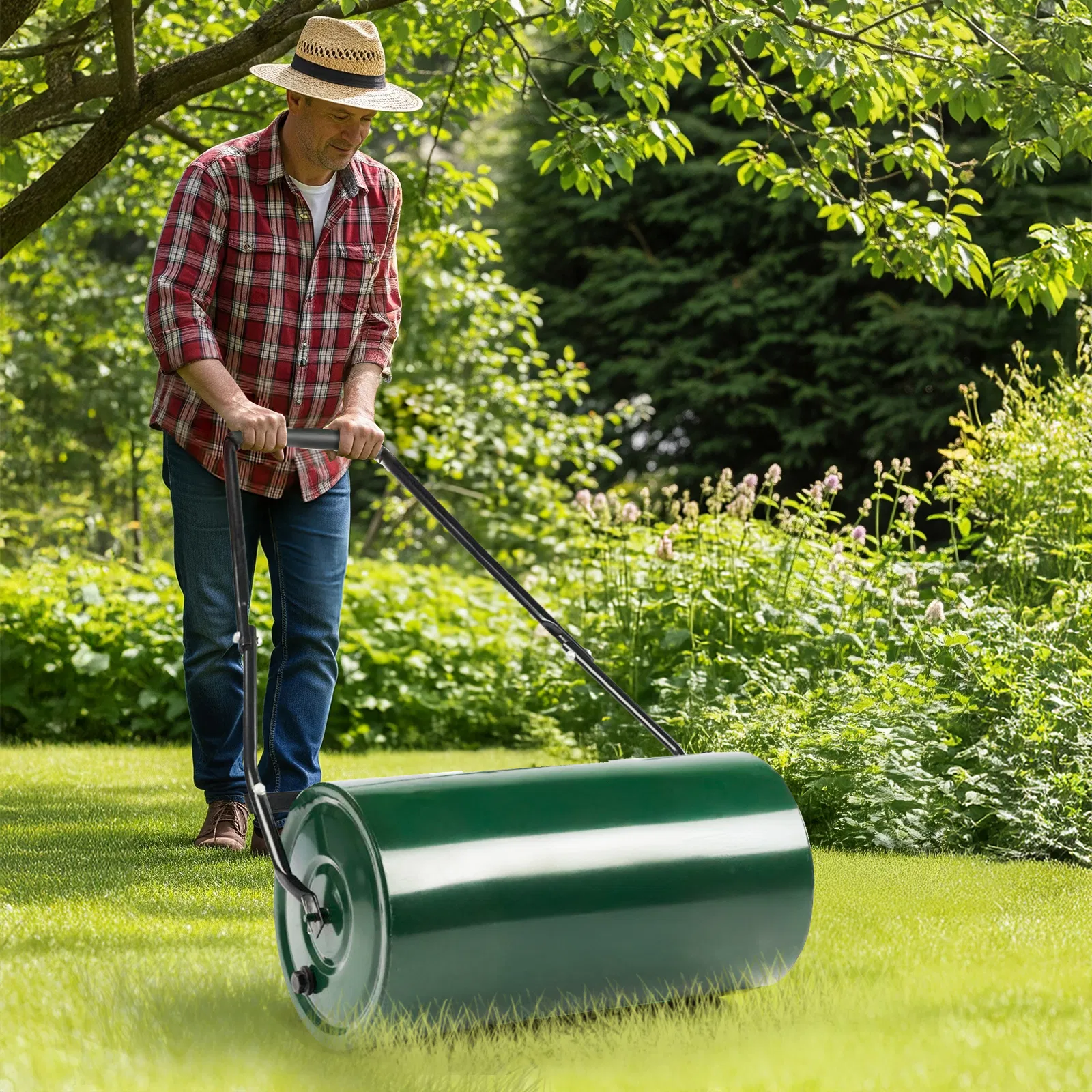 24in Heavy Duty Steel Lawn Roller, Garden Roller Can Be Filled with Water or Sand, Hand Roller with U-shaped Handle, Green & Black image 7