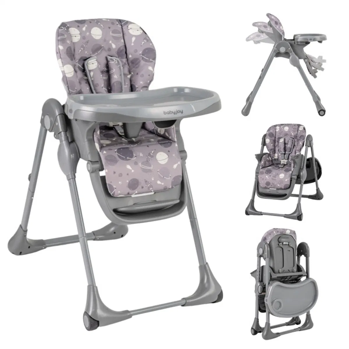Gray Baby High Chair Adjustable Height/Backrest/Footrest Foldable with Wheels