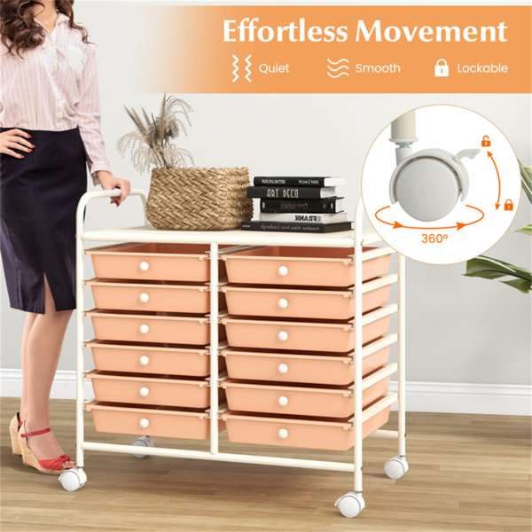 12-Drawer Rolling Storage Cart - 2-Row 10-Storey, Multicolor Drawers, 4 Wheels (2 Brake), White Frame-Peach-16