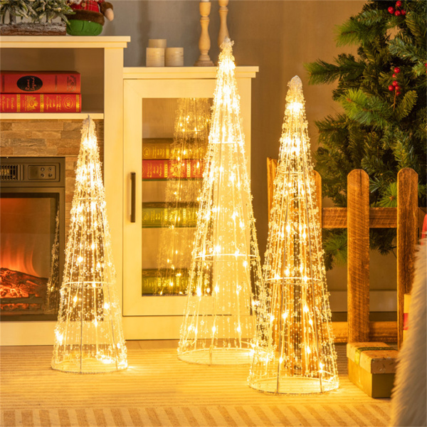3-Piece Pre-Lit Christmas Cone Trees - 90 Warm White LEDs+Star Beaded Strings, Waterproof, 32