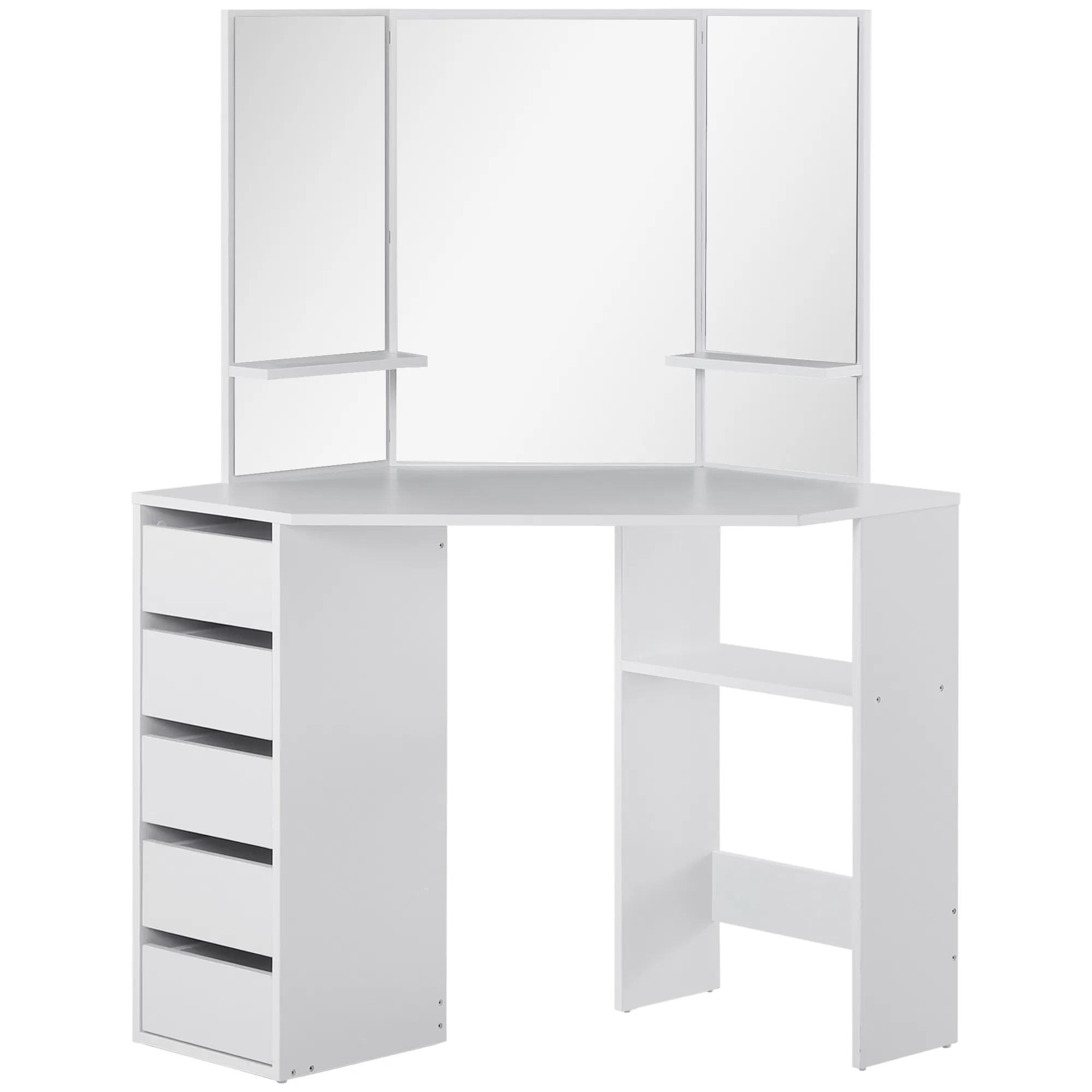 Corner Dressing Table, Makeup Desk with 3-piece Mirror and 5 Drawers, White