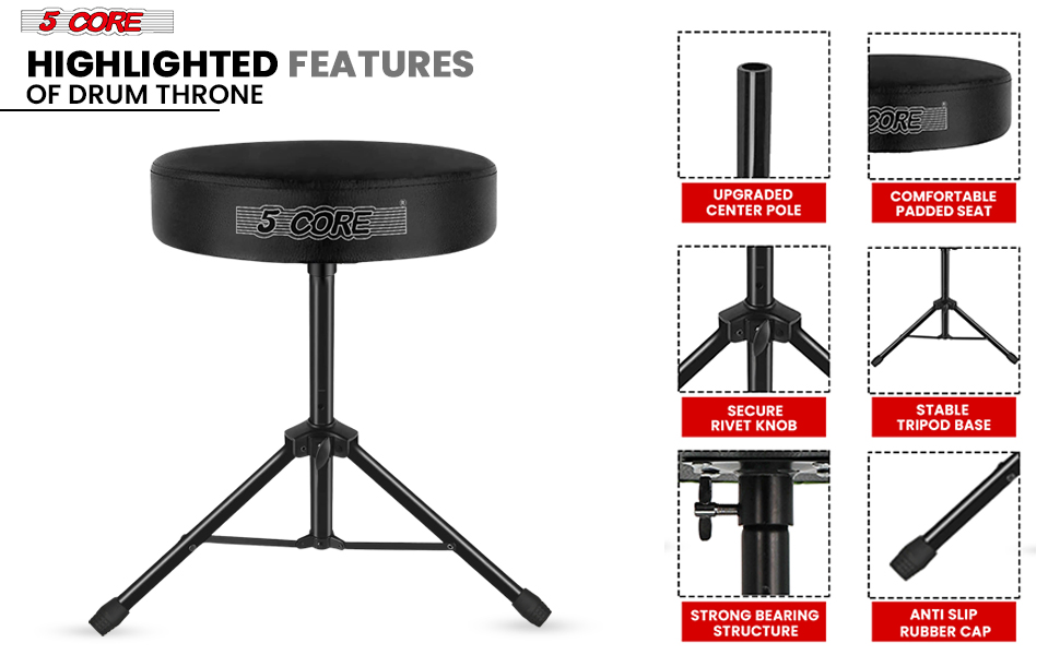 5 Core Drum Throne 3" Thick Padded Memory Foam Comfortable Drummer Stool 330Lb Capacity Adjustable image 16