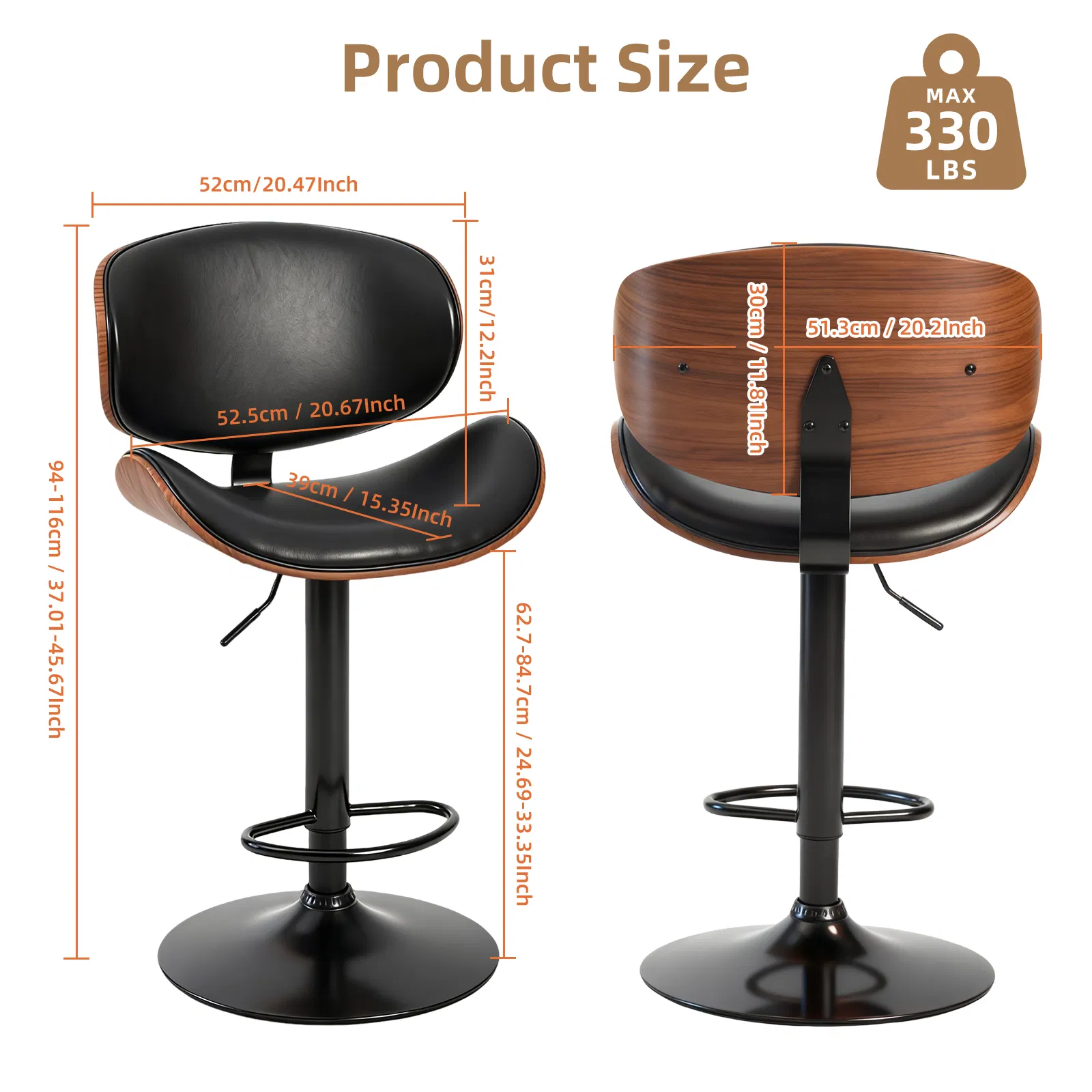 A set of 2 rotating bar stools with adjustable height, PU leather decorative chairs, backrests and footstools, and anti-slip rubber bases image 5