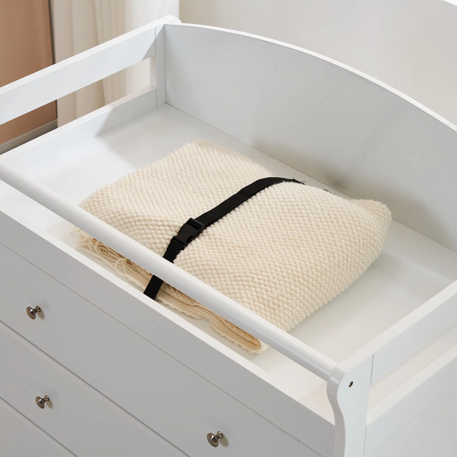 White 3-Tier Drawer Baby Cot with Safety Guard – 90.5x58x92cm | Wooden Baby Bed & Storage Combo image 16